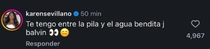 Karen Sevillano expresó su desconfianza en la publicación de J Balvin con un comentario sobre el gesto del cantante - crédito @jbalvin/Instagram