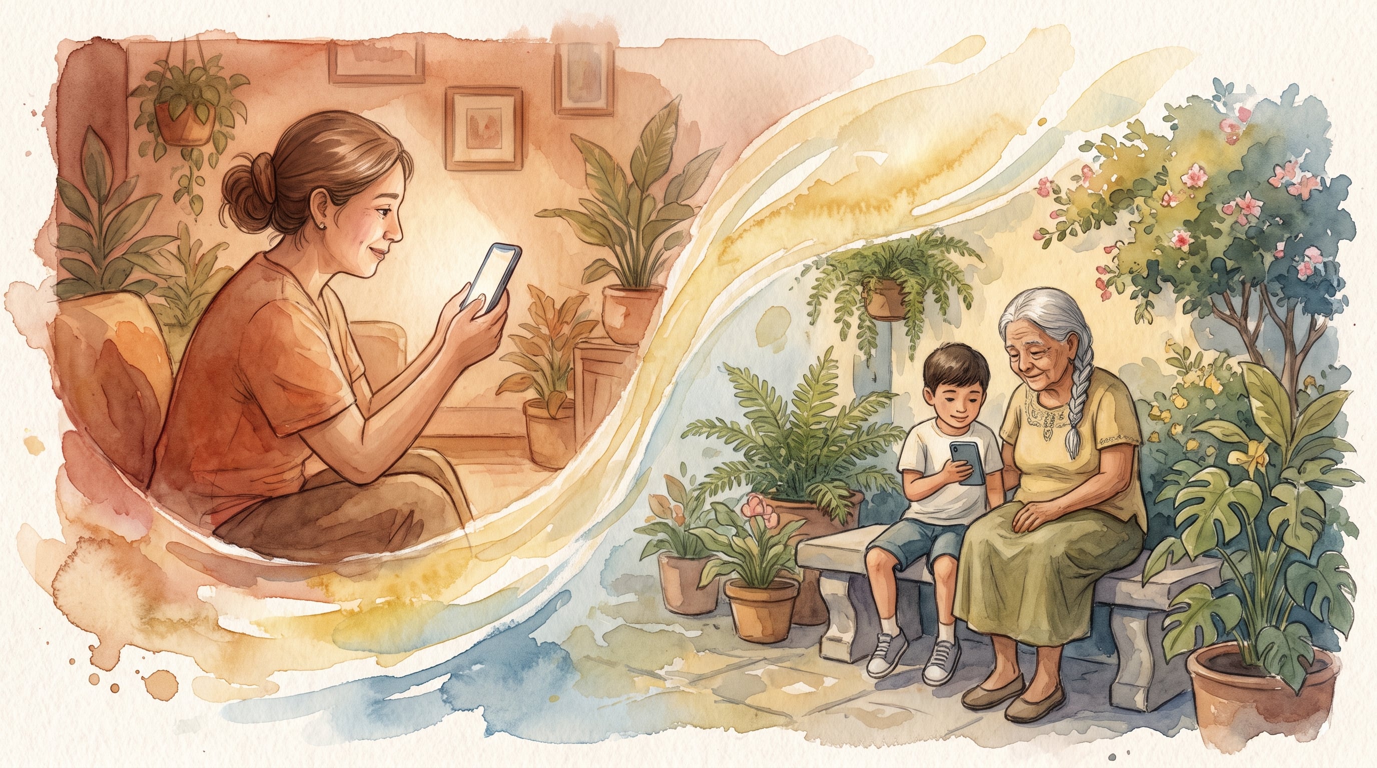 Una mujer se comunica mediante un teléfono inteligente con un niño y su abuela ubicados en América Central. (Imagen Ilustrativa Infobae)