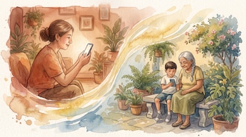 Ilustración de una mujer sosteniendo un teléfono a la izquierda y un niño junto a una anciana observando una pantalla a la derecha.