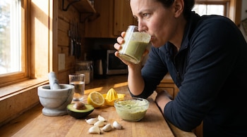 Una mujer bebe un batido verde de un vaso en una cocina rústica, con aguacate partido, dientes de ajo y un limón en rodajas sobre una tabla de madera.