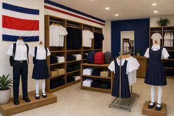 Maniquíes con uniformes escolares, estantes con ropa doblada, mochilas y una bandera de Costa Rica en la pared de un local comercial.
