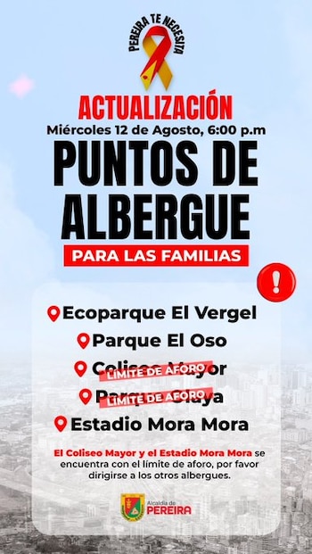 Actualización puntos de albergue en Pereira, Risaralda - crédito @Alcaldiapereira / X