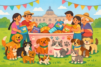 Ilustración de familias, personas mayores y niños que donan comida y objetos para perros y gatos en un contenedor grande con huellas, frente a un edificio con cúpula y banderines.