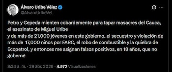 Mensaje publicado por el expresidente Álvaro Uribe Vélez en su cuenta de X, en el que cuestiona el nuevo conteo de víctimas de “falsos positivos” presentado por la JEP y señala supuestas motivaciones políticas detrás de la actualización - crédito Álvaro Uribe Vélez/X