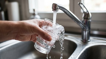Una mano sostiene un vaso de vidrio que se llena con agua de un grifo metálico. El agua desborda hacia una pileta de cocina de acero inoxidable.