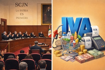 Imagen dividida: a la izquierda, el pleno de la SCJN con jueces aplaudiendo; a la derecha, la palabra IVA grande con dinero, un carrito de compras y recibos.