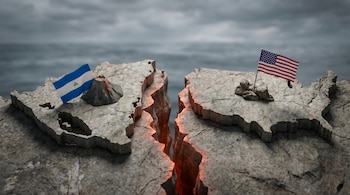 Imagen 3D de los mapas de Nicaragua y Estados Unidos separados por una profunda grieta luminosa. Las banderas de ambos países ondean en sus respectivos territorios.