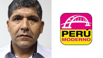 Retrato de un hombre a la izquierda y logotipo del partido Perú Moderno a la derecha sobre un fondo blanco