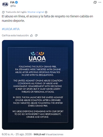 El mensaje de la FIA en redes sociales