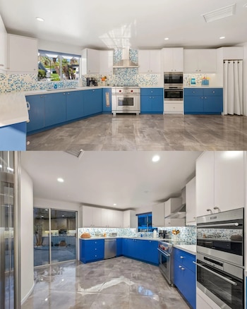 Dos fotografías de una cocina con muebles azules y blancos, electrodomésticos de acero inoxidable y suelo de baldosas grises brillantes