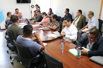 Grupo de personas en una sala de reuniones con paredes blancas, sentadas alrededor de una mesa de madera. Se observa la bandera de Guatemala y una pantalla