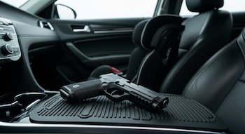 Una pistola negra reposa sobre la consola central de un automóvil, con asientos de cuero y una silla infantil en el asiento trasero.