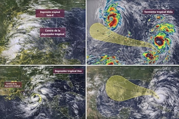 Cuatro imágenes satelitales de sistemas tropicales con etiquetas de "Depresión tropical Seis-E", "Depresión tropical Dos" y "Tormenta tropical Elida".