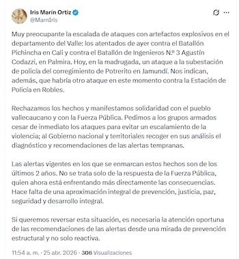 Iris Marín Ortiz pide una respuesta integral y anticipatoria frente a la escalada de violencia en la región - crédito @MarnIris/X