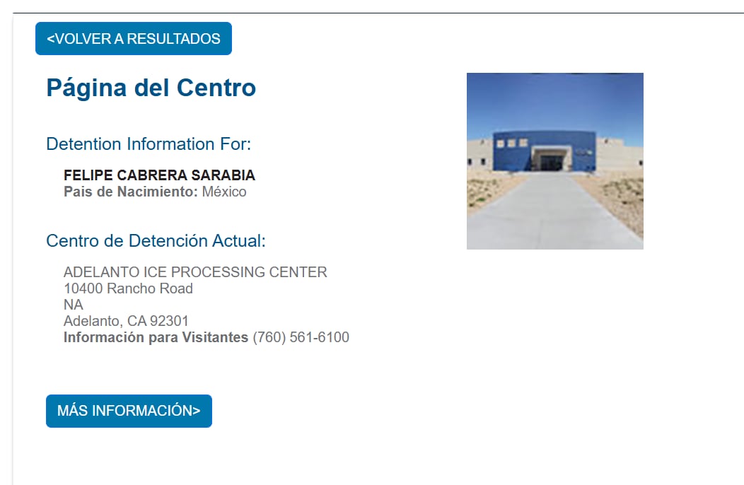 Ficha del ICE que confirma su lugar actual en EEUU. Crédito: ICE