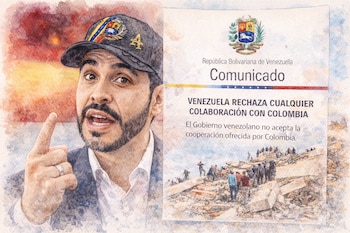 Ilustración de hombre con barba y gorra señalando, junto a comunicado de Venezuela que rechaza cooperación con Colombia y escena de ruinas.