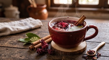 Taza de cerámica con té rojo humeante, canela y laurel, rodeada de flor de jamaica, ramas de canela, hojas verdes y una cuchara de madera.
