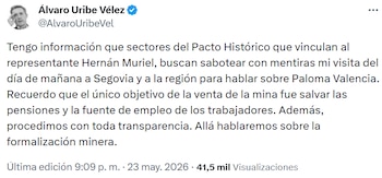 El expresidente afirma en redes sociales que su objetivo es defender la transparencia en la venta de la mina y hablar sobre formalización minera. - crédito @AlvaroUribeVel/X