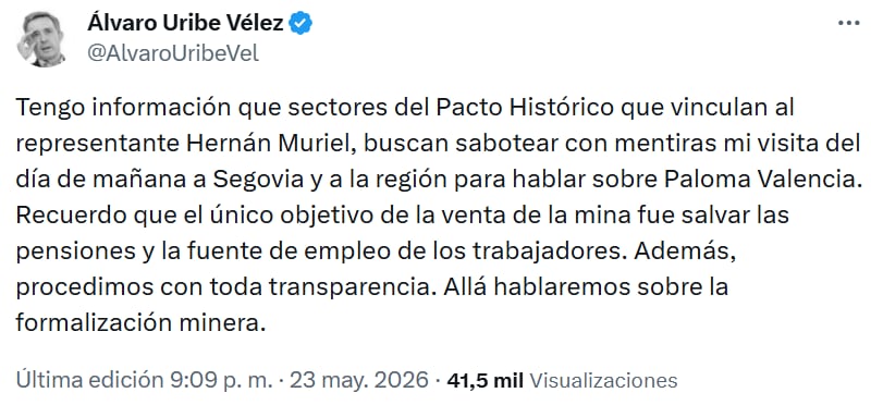 El expresidente afirma en redes sociales que su objetivo es defender la transparencia en la venta de la mina y hablar sobre formalización minera. - crédito @AlvaroUribeVel/X
