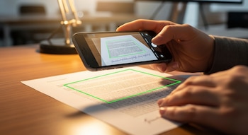 Primer plano de una mano sujetando un smartphone sobre un documento de papel en un escritorio. La pantalla del teléfono muestra el documento con un marco verde para escanear.