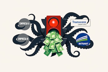 Ilustración de semáforo rojo con dinero saliendo, envuelto en tentáculos que sujetan logos de Transcore Latam S.R.L., Intrant y empresas genéricas.