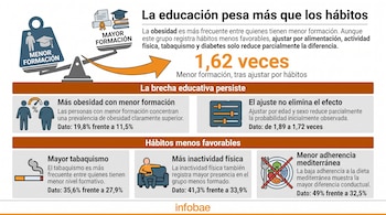 Infografía con una balanza, gráficos, textos explicativos sobre obesidad y nivel formativo, e iconos representativos junto al logotipo de Infobae.