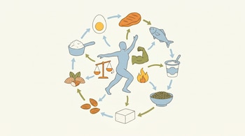 Ilustración de una figura humana activa rodeada de alimentos proteicos como huevo, pollo, pescado, yogur y almendras, con iconos de balanza, músculo y llama.