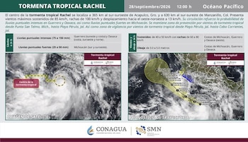 Infografía con mapa satelital, datos de vientos y tabla de lluvias de la tormenta tropical Rachel, emitida por Conagua y el SMN