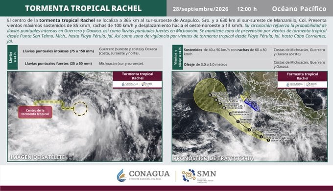 Un reporte del Servicio Meteorológico Nacional detalla la ubicación y la trayectoria de la tormenta tropical Rachel frente a las costas del Océano Pacífico en México.
