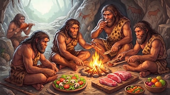 Cinco homínidos en una cueva con hoguera, carne cruda, ensalada, frutas, vegetales, utensilios de madera y pinturas rupestres en las paredes.