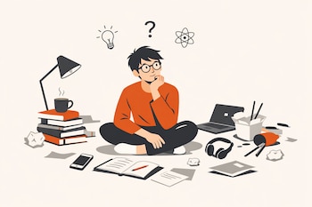 Hombre joven con anteojos sentado en el suelo rodeado de libros, portátil, lámpara, taza, auriculares, cuaderno y papeles; iconos de idea y pregunta flotan.