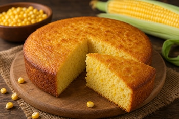 Un pan de elote dorado sobre una tabla de madera con una rebanada cortada, un tazón con granos de maíz y una mazorca al fondo.