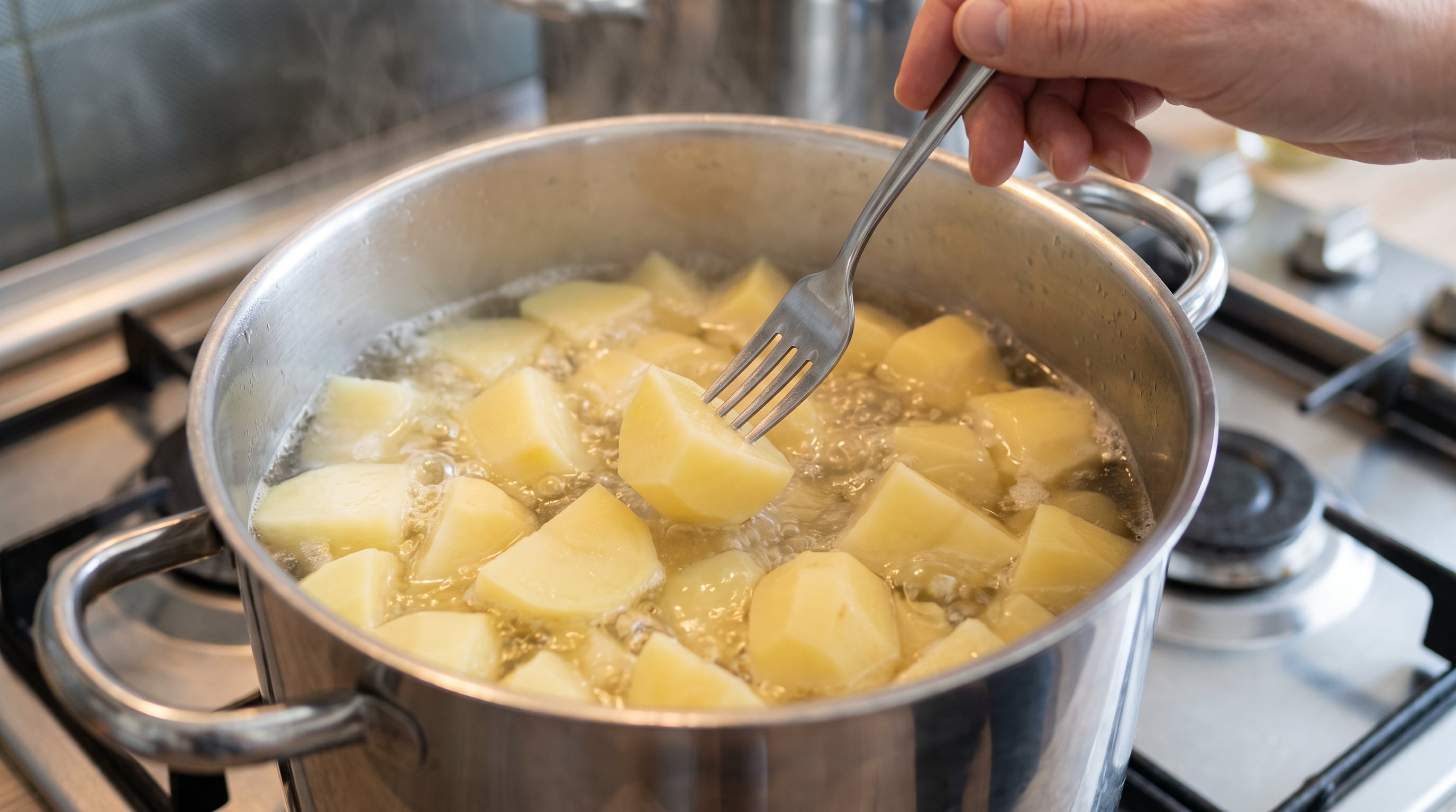 Cocción de papas peladas y cortadas en cubos dentro de una olla con agua hirviendo sobre una estufa. (Imagen Ilustrativa Infobae)