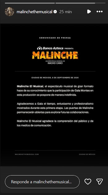 Comunicado de prensa con fondo negro que incluye los logotipos de Banco Azteca y Malinche El Musical junto a un texto en letras blancas