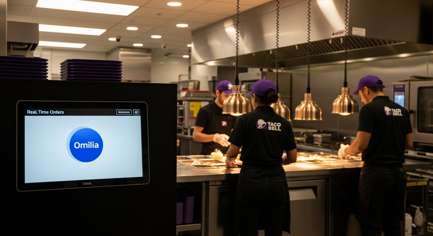 El personal de Taco Bell trabaja en la cocina con un sistema digital Omilia que muestra el flujo de pedidos automatizados en tiempo real. (Imagen Ilustrativa Infobae)