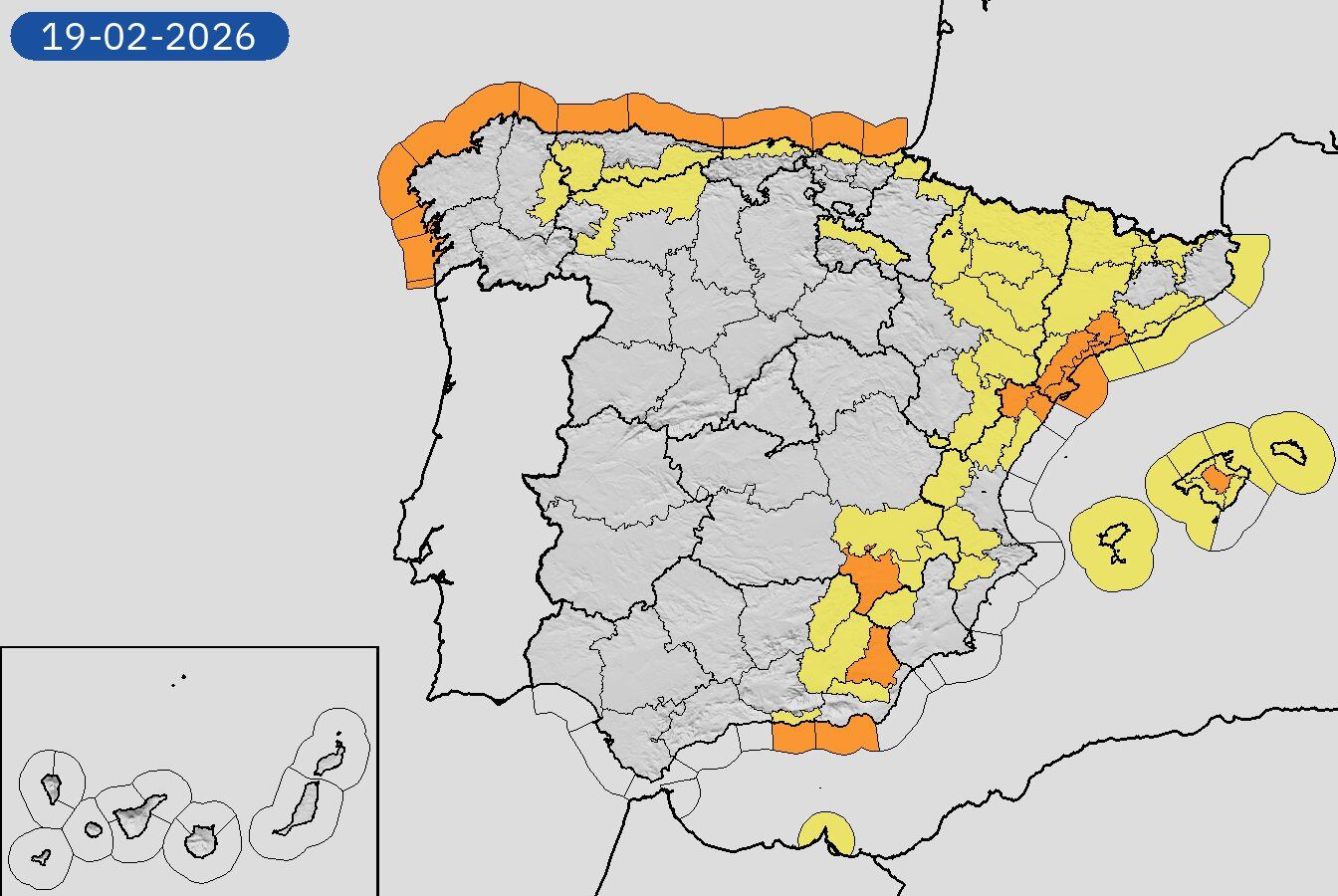 Mapa de alertas meteorológicas para este jueves, 19 de febrero de 2026. (Aemet)