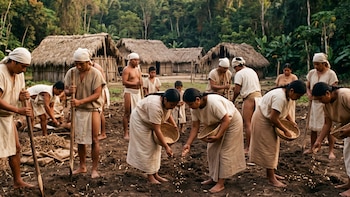 Grupo de personas con vestimenta maya tradicional trabaja la tierra. Usan herramientas de madera y cestas. Al fondo hay chozas de paja y selva densa
