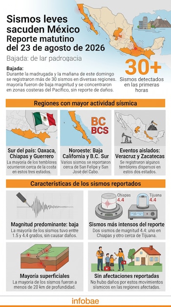 Infografía con mapas de México, un gráfico de sismograma, diagramas de fallas geológicas e ilustraciones de viviendas.