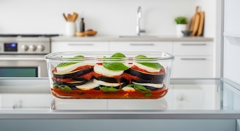 Un recipiente de vidrio transparente con capas de berenjenas, salsa de tomate, queso mozzarella y hojas de albahaca dentro de un refrigerador en una cocina.