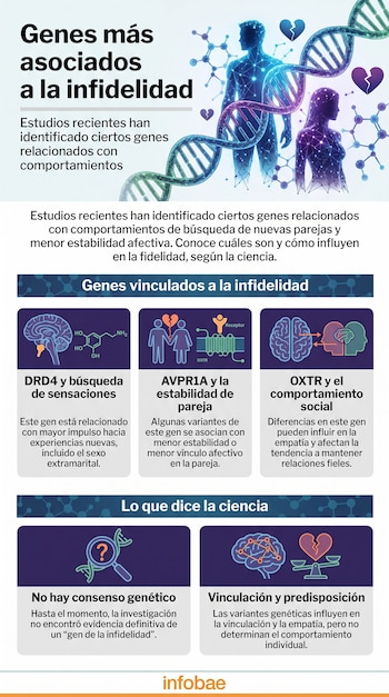 Una infografía presenta los genes relacionados con la infidelidad, un hombre y una mujer estilizados, una doble hélice de ADN, moléculas y corazones rotos.
