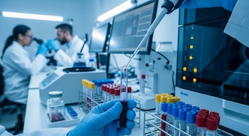 Mano con guante azul sujeta tubo de ensayo con sangre, pipeta agrega gota. Gradillas, equipos de laboratorio, monitores y dos científicos desenfocados al fondo.