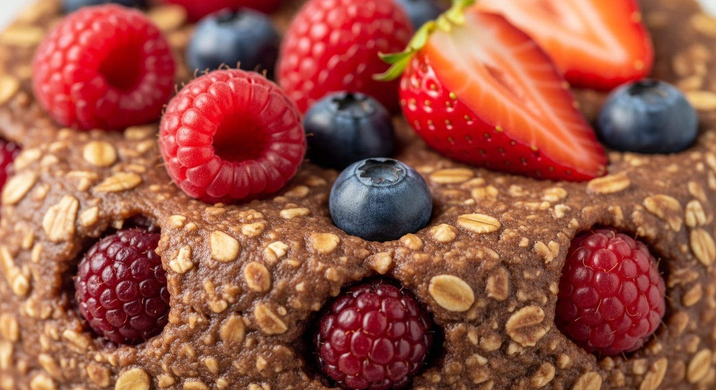 Un primer plano muestra un budín de avena y cacao de textura húmeda, generosamente decorado con frambuesas, arándanos y fresas. (Imagen Ilustrativa Infobae)