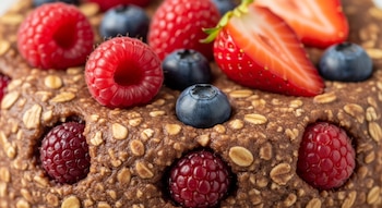 Primer plano de budín de avena y cacao con textura húmeda. Se ven frambuesas rojas, arándanos azules y fresas en rodajas sobre y dentro del postre.
