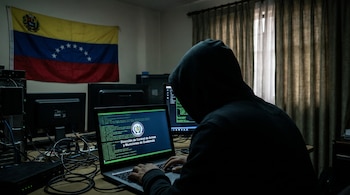 Persona encapuchada tecleando en una laptop con el logo de la Dirección de Control de Armas y Municiones de Guatemala. Al fondo, una bandera de Venezuela.