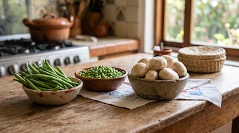 Tres recipientes de barro con ejotes, chícharos y champiñones sobre una mesa de madera, con una estufa y cazuela al fondo.