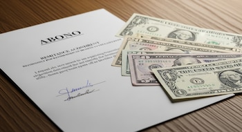 Un documento con la palabra ABONO y una firma manuscrita sobre una mesa de madera. A su lado, billetes de dólar de diferentes denominaciones.