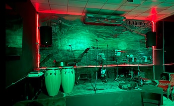 Escenario de un local con dos congas, una guitarra eléctrica, batería, micrófonos, bafles, mural con palmeras, luces LED rojas y cartel de El Álamo