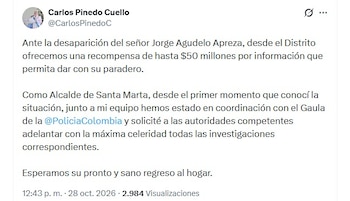 La Alcaldía de Santa Marta ofreció una recompensa de hasta $50 millones por información verídica que permita localizar al excandidato (@CarlosPinedoC/X)