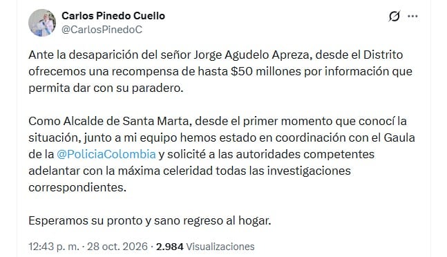 La Alcaldía de Santa Marta ofreció una recompensa de hasta $50 millones por información verídica que permita localizar al excandidato (@CarlosPinedoC/X)
