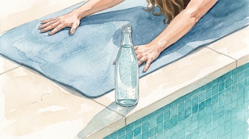 Ilustración en acuarela de unas manos extendidas en una esterilla azul junto al borde de una piscina con una botella de vidrio con agua con gas.